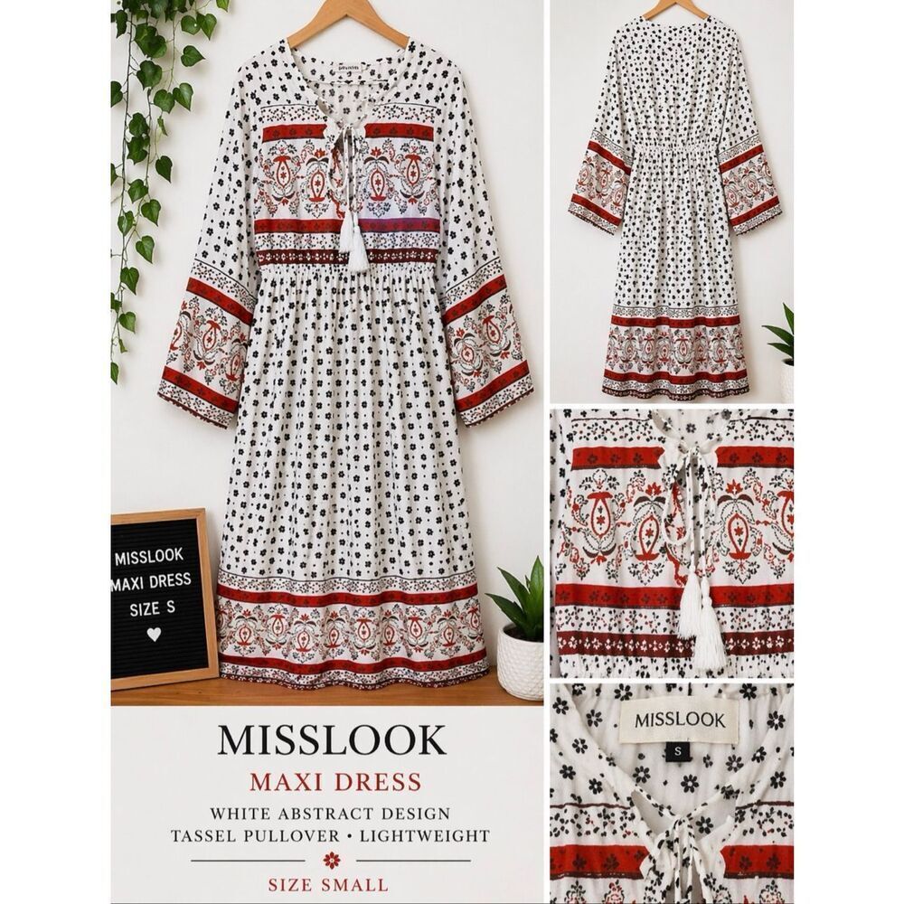MISSLOOK White abstract design Maxi Dress Tassels Pullover Lightweight size S